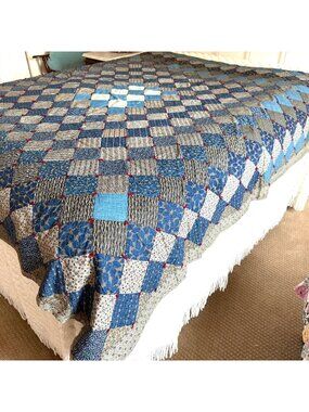 1880-1910 quilt blues and grays with flannel backing hand pieced and tied 72.5x7